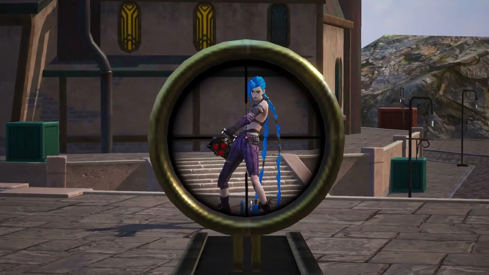 A screenshot showing Jinx, a League of Legends character, within the gameplay of PUBG Mobile 