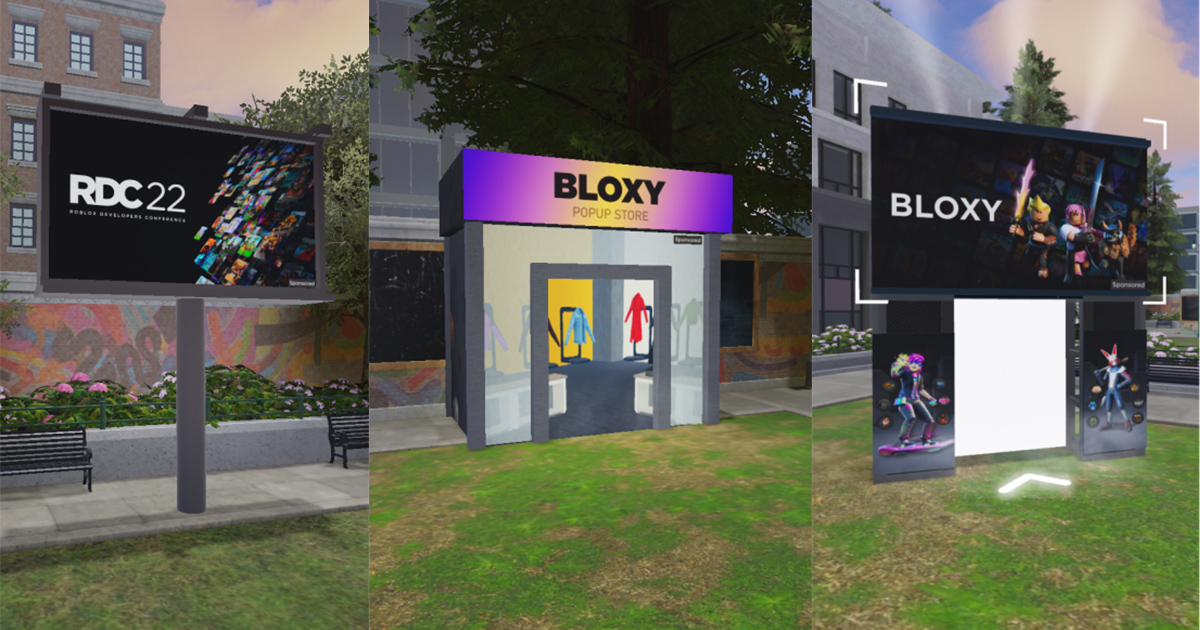 A screenshot showing dynamic billboards in the Roblox metaverse