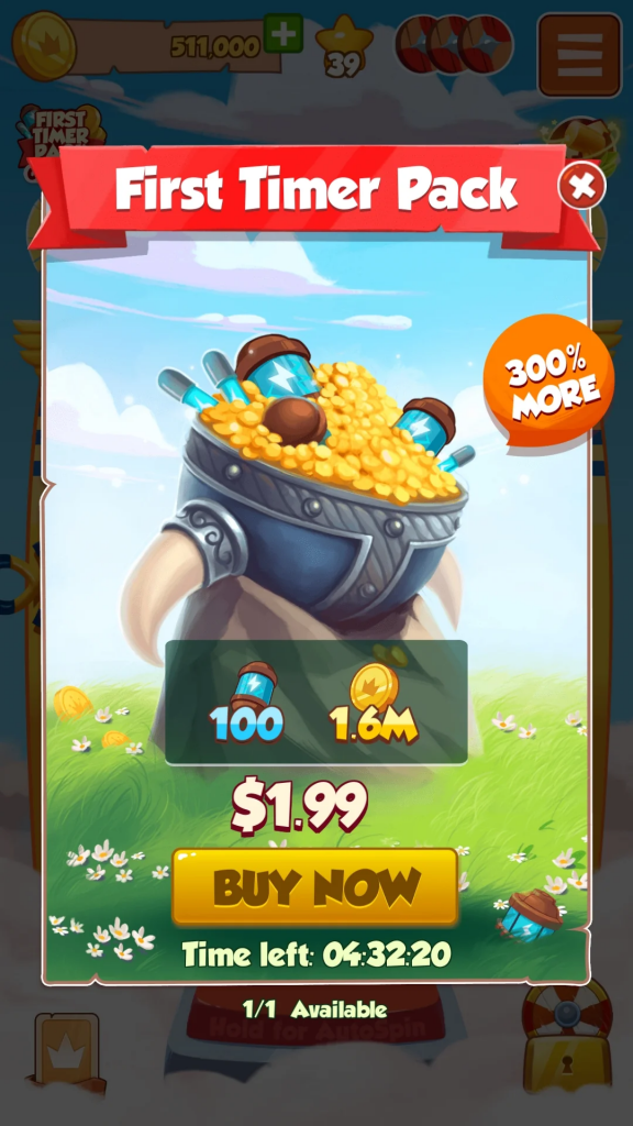 Screenshot of a first-timer pack offering from Coin Master