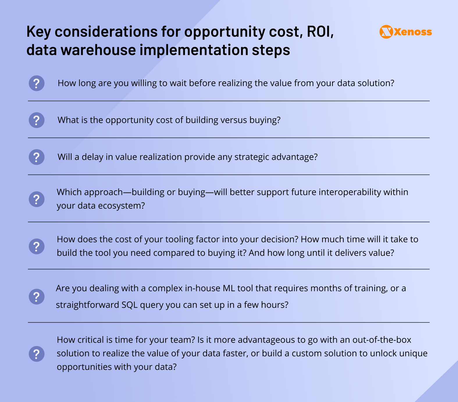 Key considerations for opportunity cost, ROI, data warehouse implementation steps, technology deployment, and business value realization