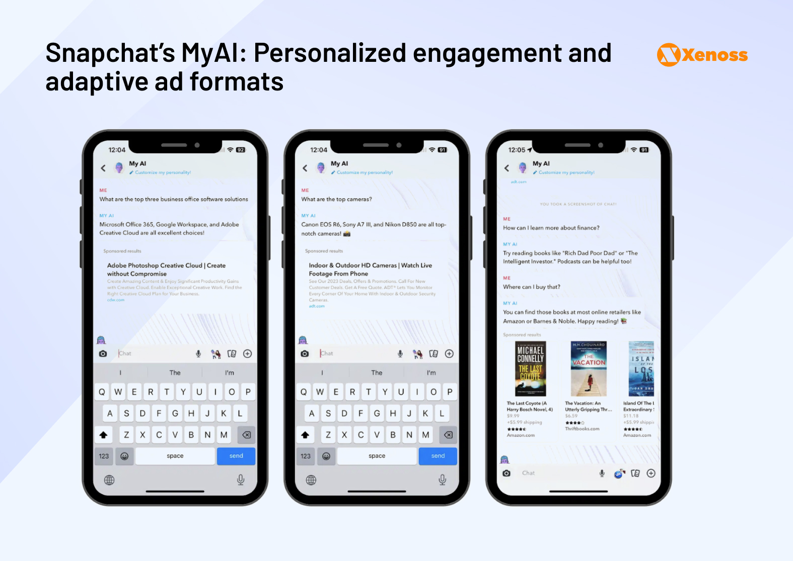 Snapchat's MyAI leverages enhanced AI and ML models for better content ranking and personalization, potentially integrating subtle, context-aware product suggestions. Three mobile screenshots of Snapchat MyAI conversations, showing AI responses to queries about business software, cameras, and books, with 'Sponsored results' from Adobe, Amazon, and other retailers embedded within the chat.