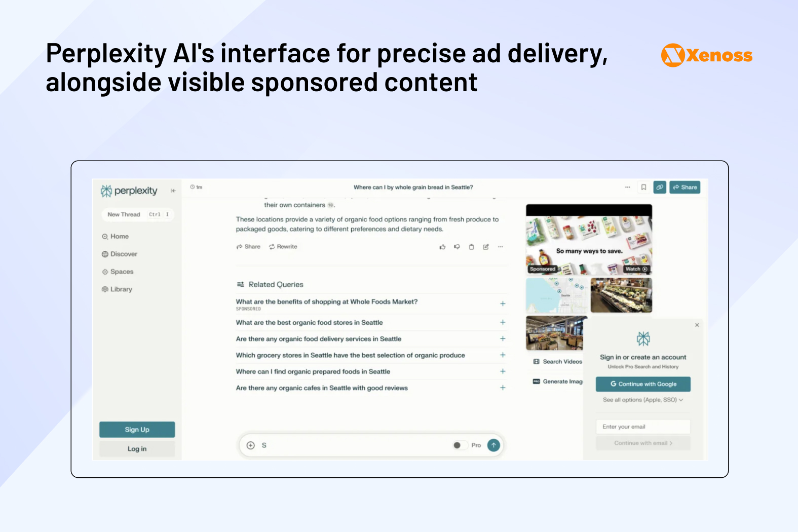 Perplexity AI's interface displays "Related Queries," which can be leveraged for precise ad delivery, alongside visible sponsored content. Screenshot of the Perplexity AI interface displaying search results for 'whole grain bread in Seattle,' with a 'Related Queries' section that includes sponsored links and a sidebar for search videos and image generation.