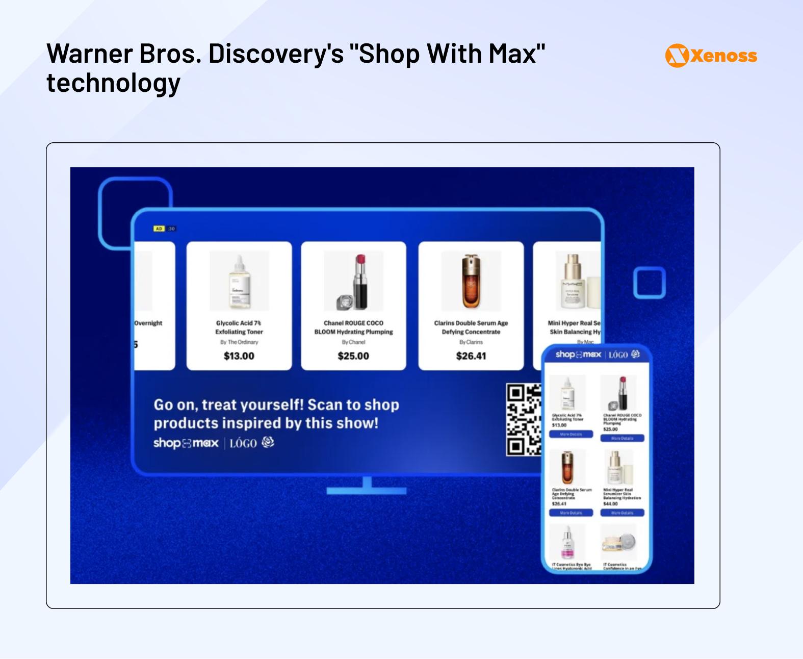 Warner Bros. Discovery's "Shop With Max" technology allows for "In-Scene Media and Virtual Product Placement," enabling real-time purchases of products marketed on select programming. Screenshot of a TV screen displaying products available for purchase through Warner Bros. Discovery's 'Shop With Max' technology, with a QR code and text encouraging viewers to scan and shop items inspired by the show.