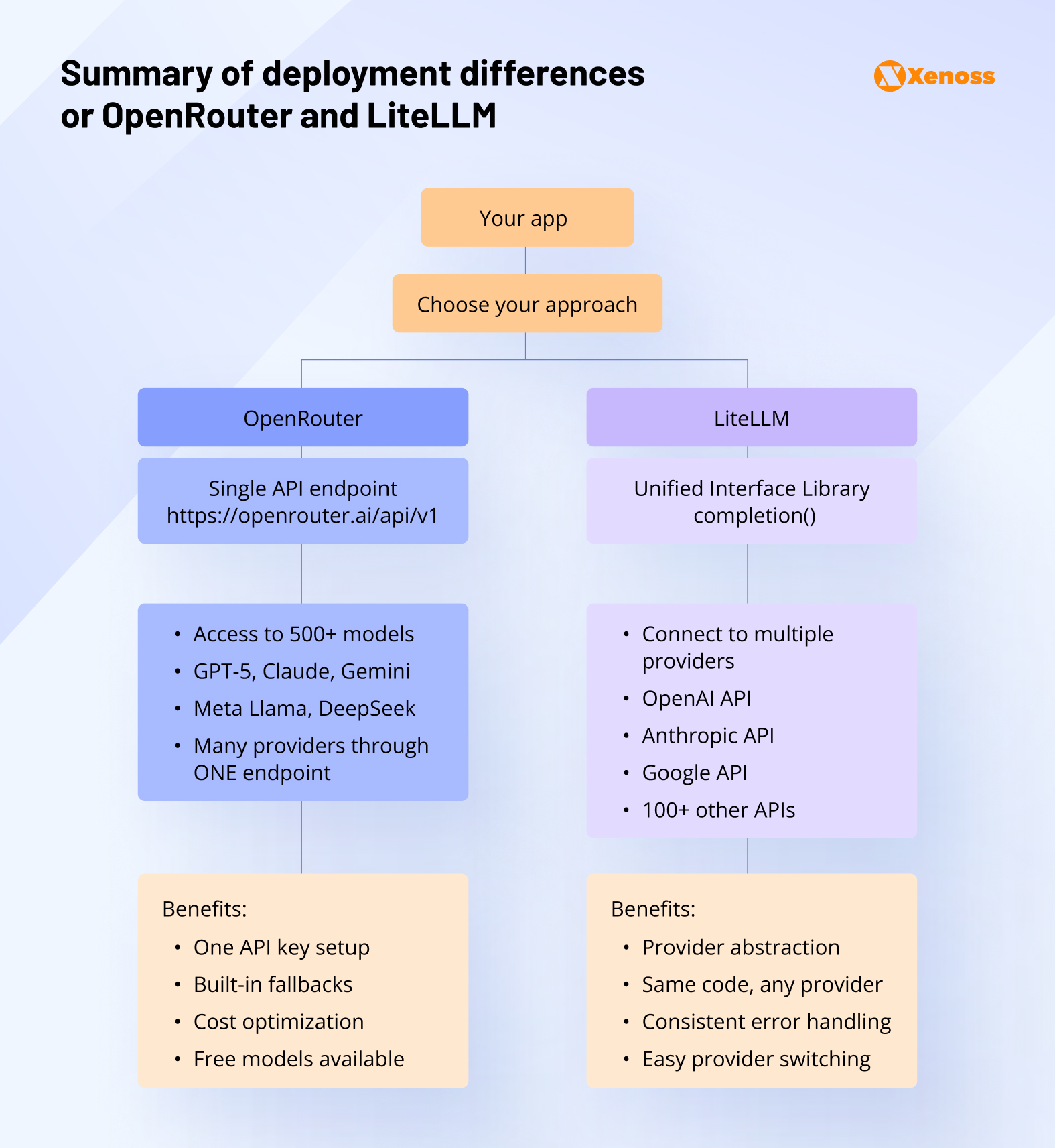 Summary of deployment differences or OpenRouter and LiteLLM