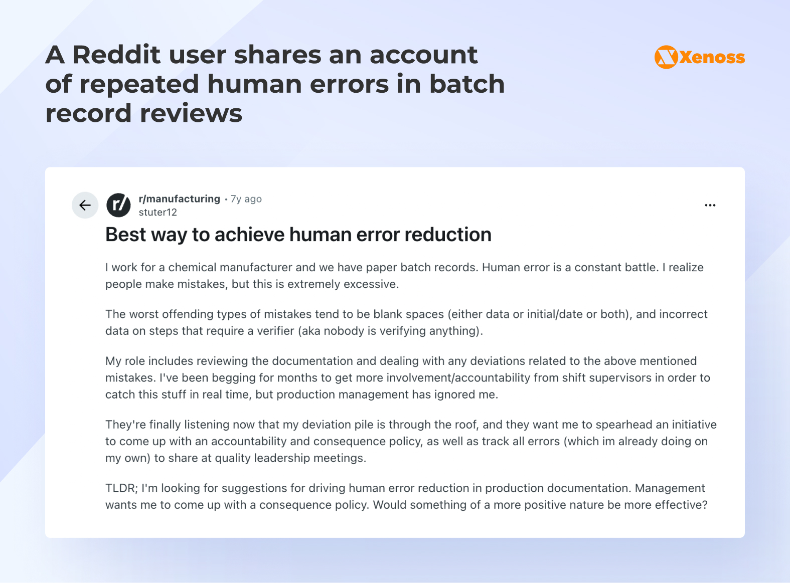A Reddit user shares an account of repeated human errors in batch record reviews