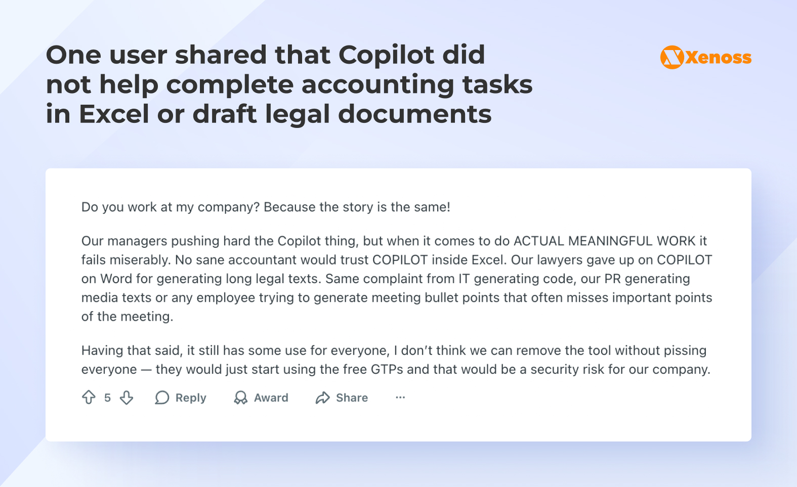 One user shared that Copilot did not help complete accounting tasks in Excel or draft legal documents
