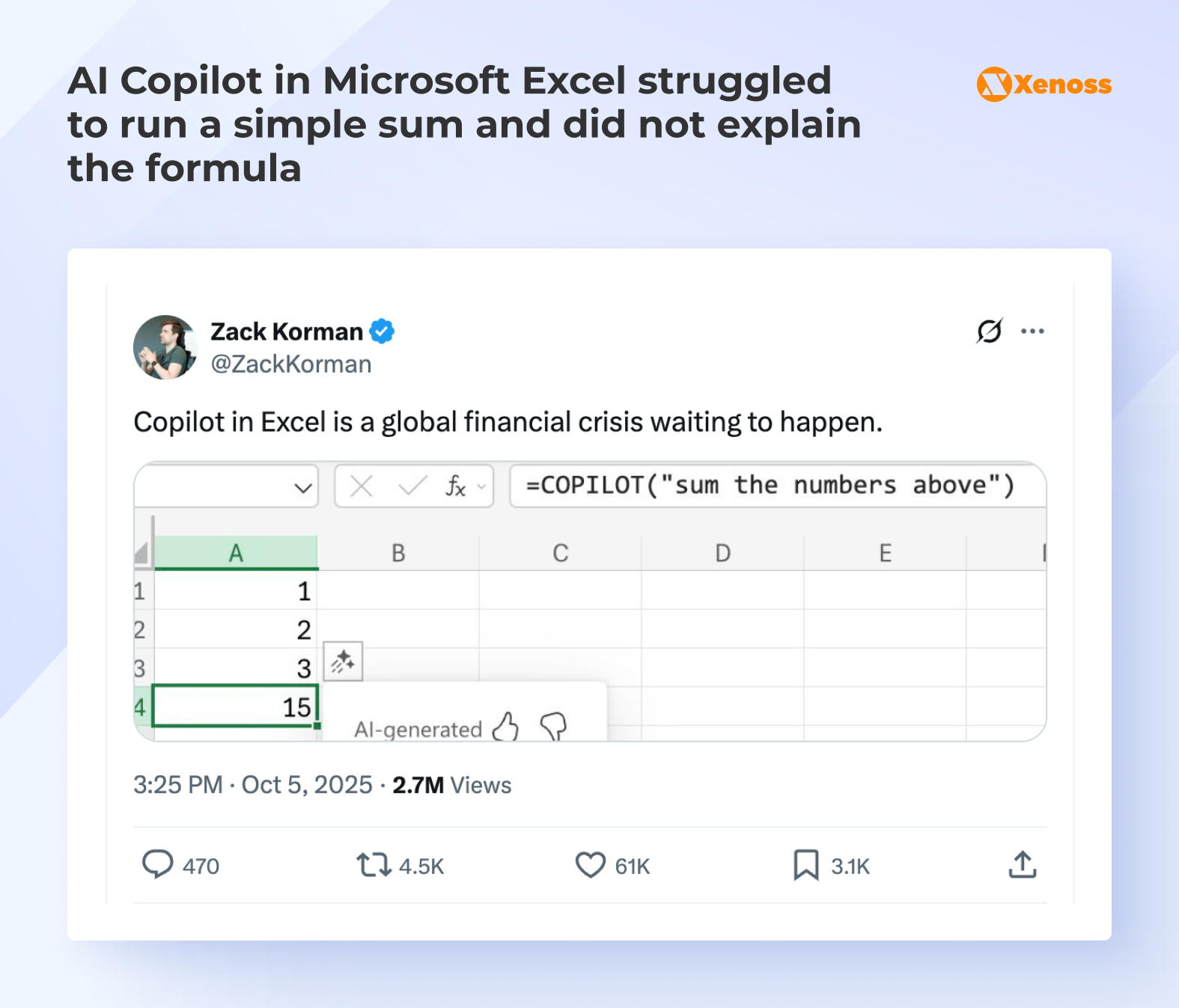 AI Copilot in Microsoft Excel struggled to run a simple sum and did not explain the formula