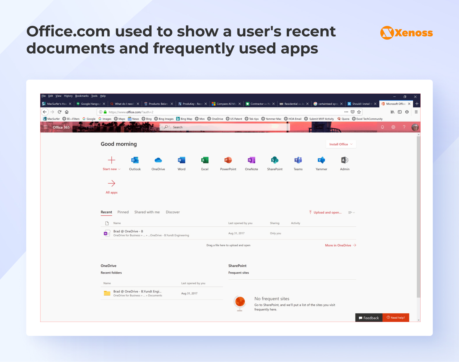 Office.com used to show a user's recent documents and frequently used apps
