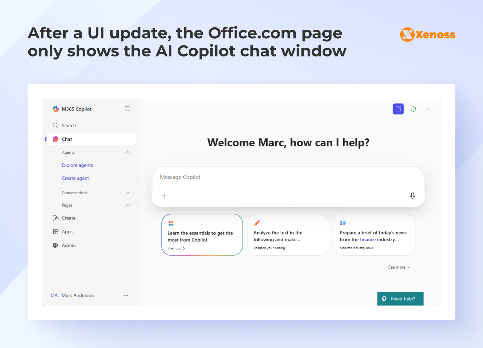 After a UI update, the Office.com page only shows the AI Copilot chat window