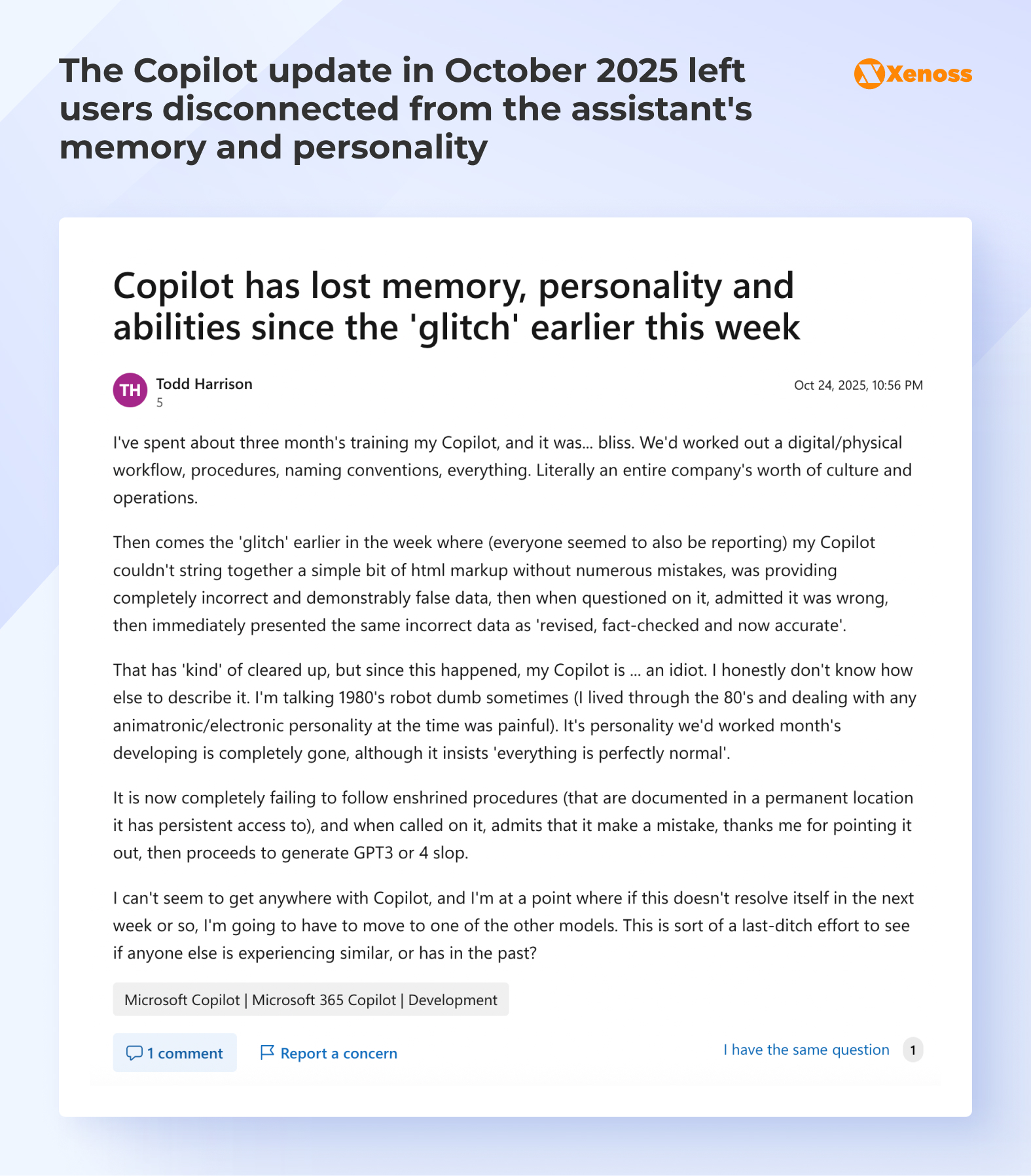 The Copilot update in October 2025 left users disconnected from the assistant's memory and personality