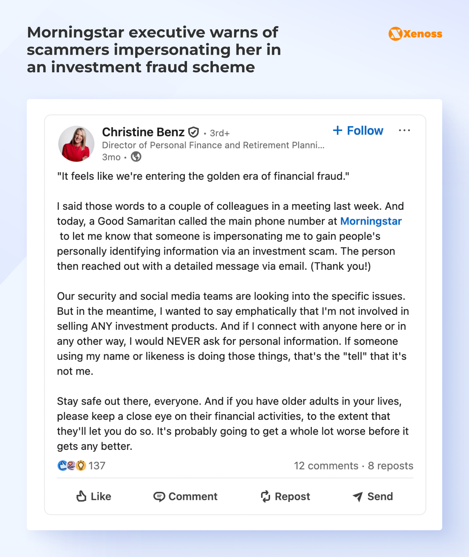 Morningstar executive warns of scammers impersonating her in an investment fraud scheme