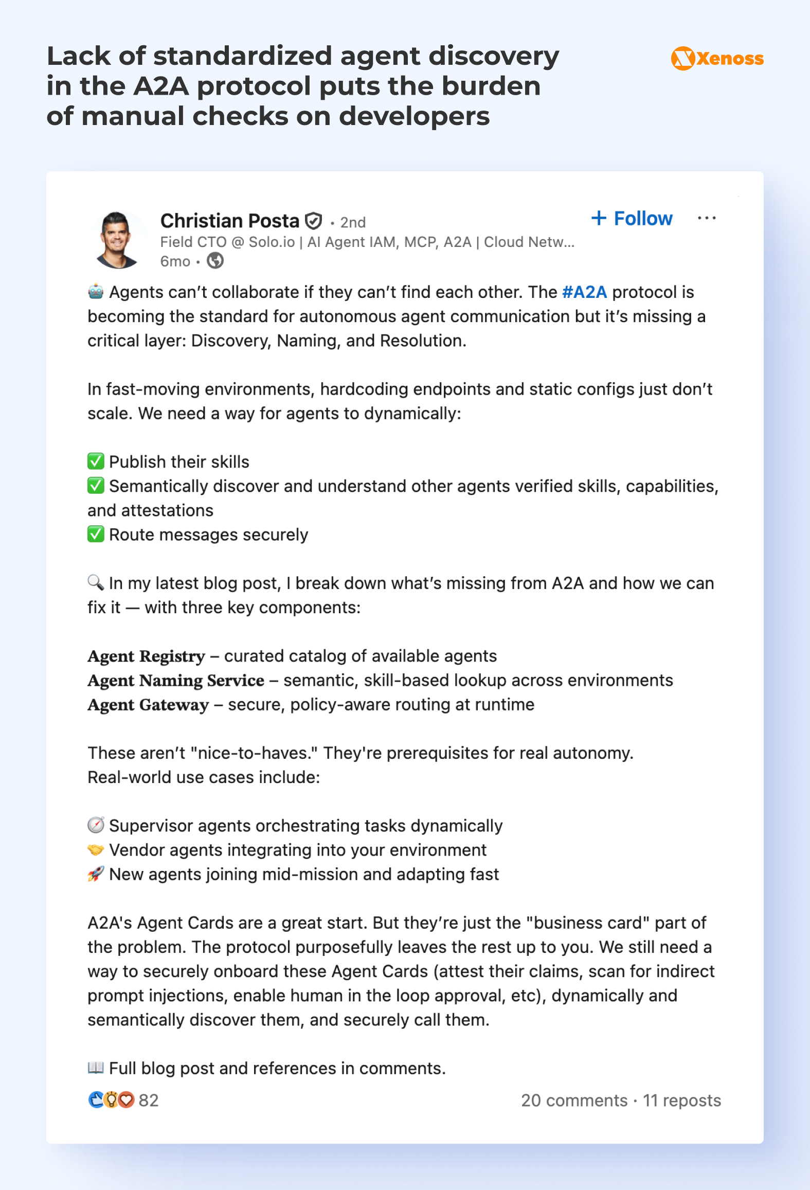 Lack of standardized agent discovery in the A2A protocol puts the burden of manual checks on developers