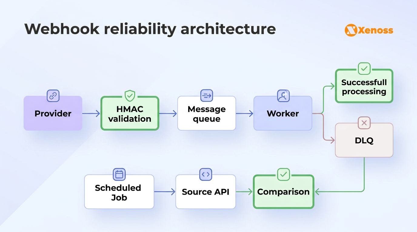 A resilient webhook architecture includes signature validation, durable queuing, dead letter handling, and scheduled API reconciliation